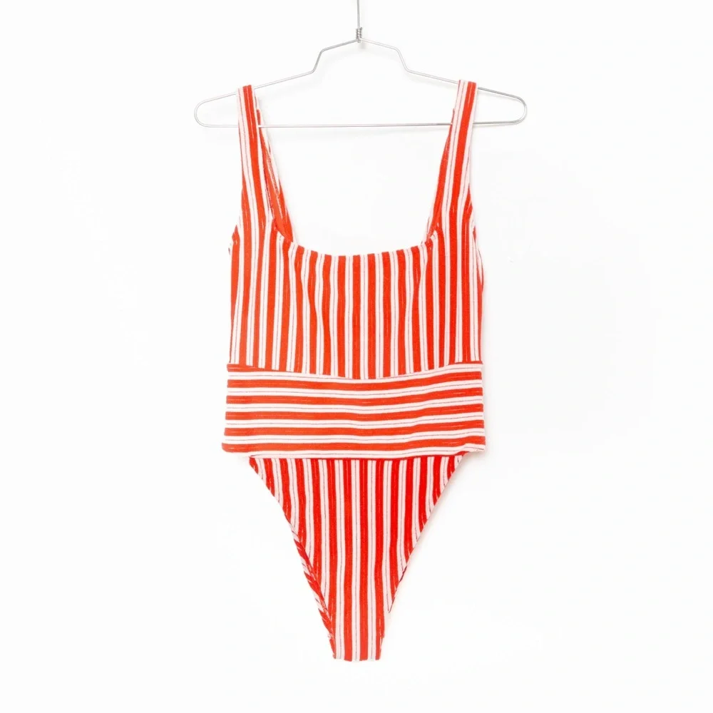 Forever 21 Red White Striped Terry Monokini High-Leg One-Piece Swimsuit – Size L - Picture 2 of 13